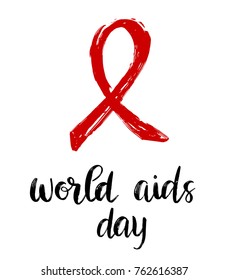 World aids day. Vector illustration with red ribbon sign and lettering text on white background
