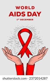 world aids day vertical banner illustration with hands and red ribbon