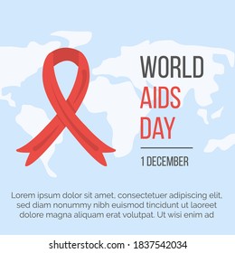 World AIDS day web banner with red ribbon on world map on background and place for text. Poster for National HIV and AIDS Awareness Day. Red ribbon cancer awareness symbol. Flyer. Vector illustration.