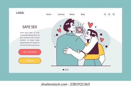 Banner web o página de inicio del Día Mundial de los AiDs. Pareja, hombre y mujer usando un condón. VIH, prevención de la transmisión del virus de inmunodeficiencia humana. Conciencia de enfermedades peligrosas. Ilustración vectorial plana