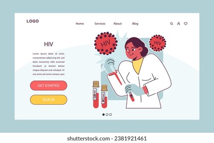 World AiDs day web banner or landing page. HIV, immunodeficiency virus transmission, laboratory diagnostic and treatment therapy. Dangerous disease awareness. Flat vector illustration