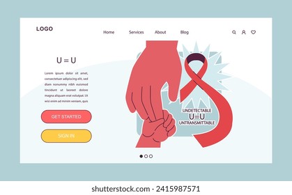 Banner web o página de inicio del Día Mundial de los AiDs. VIH, terapia de tratamiento con virus de inmunodeficiencia. U igual a U, regla indetectable igual no transmisible. Romper el estigma de la enfermedad. Ilustración vectorial plana
