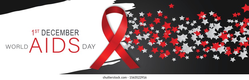 World Aids day website header or banner. Red awarness ribbon with stars and lettering. Vector illustration.