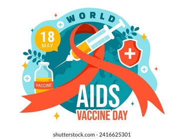 Ilustración del Vector del Día Mundial de la Vacuna contra el Sida el 18 de mayo con diseño de fondo de caricatura plana para la prevención y sensibilización de la atención de la salud