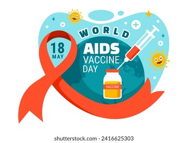 Ilustración del Vector del Día Mundial de la Vacuna contra el Sida el 18 de mayo con diseño de fondo de caricatura plana para la prevención y sensibilización de la atención de la salud
