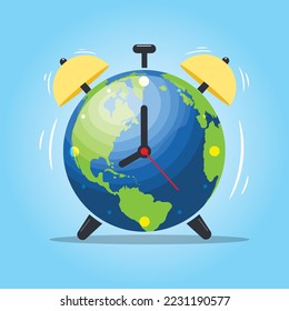 World alarm clock vector illustration on the blue background. Concept of good morning planet.