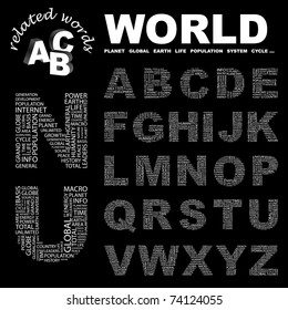 WORLD. Alphabet. Illustration with different association terms.
