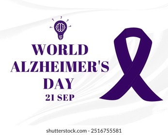 World Alzeihmer's day poster with purple font and ribbon in white background, Alzeihmer awareness template, Vector Illustration.