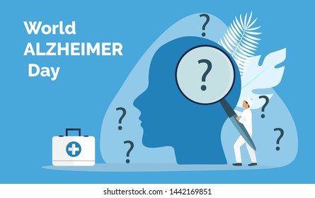 World Alzheimer day in 21 September concept. Neurology healthcare, dementia metaphor.  Anatomical science of brain and senses diseases,  for website and mobile website development, landing page.