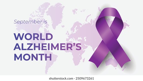 Afiche gráfico promocional del Mes Mundial de la Concienciación sobre el Alzheimer. Observado en septiembre. Las características en la vibrante cinta púrpura desplazaron un mapa del mundo de fondo. Anuncio limpio y moderno de la campaña de promoción.