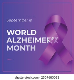 Afiche gráfico promocional del Mes Mundial de la Concienciación sobre el Alzheimer. Observado en septiembre. Características en cinta púrpura vibrante. Diseño limpio y moderno del Anuncio de la campaña de promoción.