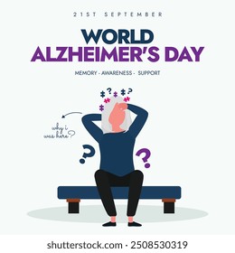 World Alzheimer's Day. 21st September Alzheimer's day celebration banner, social media post with an old lady touching her head. The day raise awareness about Alzheimer's disease and other dementia. 