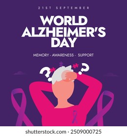 Dia Mundial do Alzheimer. Banner de celebração do dia de Alzheimer de 21 de setembro, poste em cor roxa com uma senhora idosa tocando a cabeça. O dia aumenta a conscientização sobre a doença de Alzheimer, outras demências. 