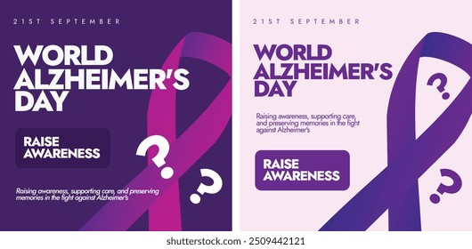 World Alzheimer's Day. 21st September Alzheimer's day awareness banners, posts template with purple ribbon, question mark. Theme for 2024 is Time to act on dementia, Time to act on Alzheimer's. 