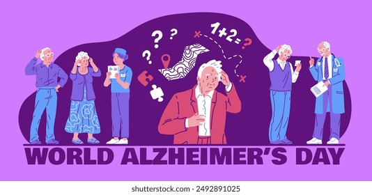 World Alzheimer's day awareness vector poster. Dementia disease old patients on doctor diagnostics. Elderly people confused trying remember, memory loss. Brain disease amnesia in pensioner