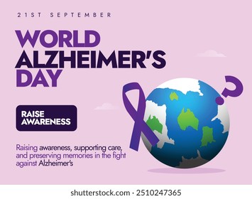 Fondo del Día Mundial del Alzheimer. 21 de septiembre Anuncios de concientización del día de Alzheimer, publica Plantilla con cinta púrpura, globo terráqueo. El día concienciará sobre la enfermedad de Alzheimer.