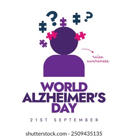 Hintergrund, Banner zum Welt-Alzheimer-Tag. Alzheimer's Day Awareness Banner mit violetter Silhouette der Person Symbol, Puzzleteile, Fragezeichen.  Der Tag sensibilisieren für Alzheimer.