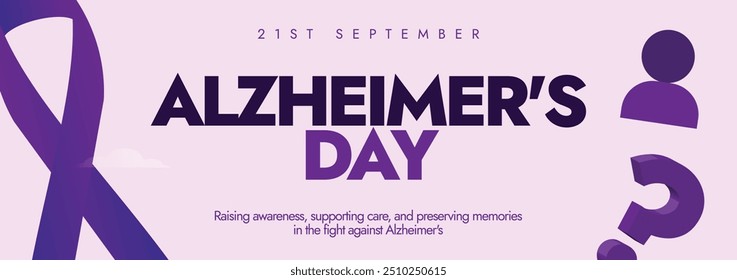 Hintergrund, Banner zum Welt-Alzheimer-Tag. Alzheimer's Day Awareness Cover Banner mit violettem Band, Silhouette der Person Symbol, Fragezeichen. Der Tag sensibilisieren für Alzheimer.