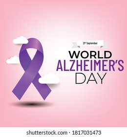 World Alzheimer's day banner with purple ribbon on light background.