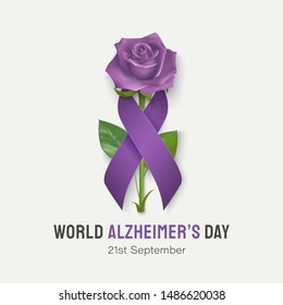 World Alzheimer's day banner with ribbon and rose on a light background. Purple ribbon day