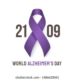 World Alzheimer's day banner with ribbon on a white background. Purple ribbon day