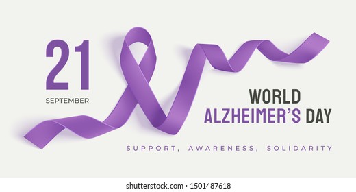 World Alzheimer's day banner with ribbon on a light background. Purple ribbon day