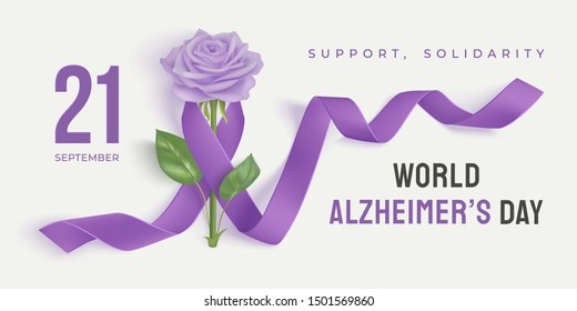 World Alzheimer's day banner with ribbon and rose on a light background. Purple ribbon day