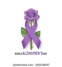 World Alzheimer's day banner with ribbon and rose on a light background. Purple ribbon day