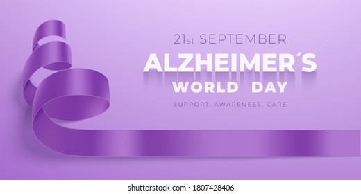 World Alzheimer's day banner with ribbon on a light background. Purple ribbon day