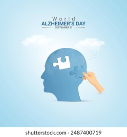 World Alzheimer's Day creative ads design. brain, hand and bulb vector isolated on Template for background. Alzheimer's Poster, vector, 3d, illustration, Sep 21. Important day, Holiday concept.