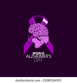 Anuncio de salud del Día Mundial del Alzheimer. Cinta púrpura de la campaña con el cerebro y la tierra sobre fondo púrpura oscuro para conmemorar el 21 de septiembre