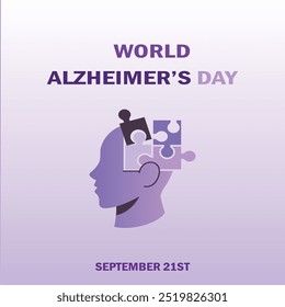 Diseño de cartel del Día Mundial del Alzheimer, cerebro con diseño de Vector de concepto de rompecabezas, fondo blanco, 21 de septiembre