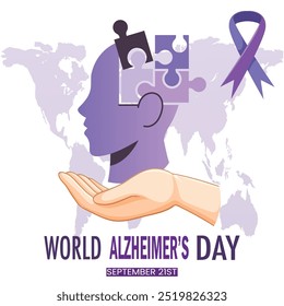 Diseño de cartel del Día Mundial del Alzheimer, cerebro con diseño de Vector de concepto de rompecabezas, fondo blanco, 21 de septiembre