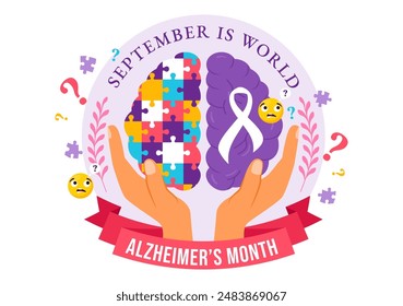 Vektorillustration zum Welt-Alzheimer-Tag mit einem älteren Menschen und einem Hirn-Puzzle, das Erinnerungen auf einem lila Flachband symbolisiert