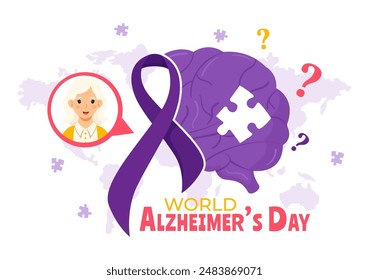 Vektorillustration zum Welt-Alzheimer-Tag mit einem älteren Menschen und einem Hirn-Puzzle, das Erinnerungen auf einem lila Flachband symbolisiert