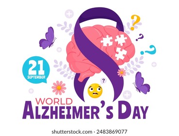 Vektorillustration zum Welt-Alzheimer-Tag mit einem älteren Menschen und einem Hirn-Puzzle, das Erinnerungen auf einem lila Flachband symbolisiert