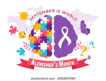 World Alzheimer's Day Vector Illustration featuring an Elderly and a Brain Jigsaw Puzzle Symbolizing Memories on a Purple Ribbon Flat Background