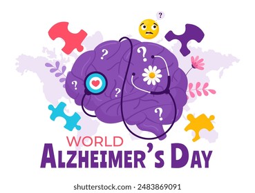 Vektorillustration zum Welt-Alzheimer-Tag mit einem älteren Menschen und einem Hirn-Puzzle, das Erinnerungen auf einem lila Flachband symbolisiert