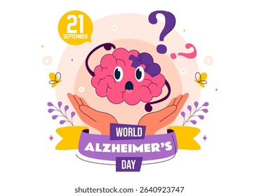 World Alzheimer's Day Vector Illustration featuring an Elderly and a Brain Jigsaw Puzzle Symbolizing Memories on a Purple Ribbon in a Flat Background