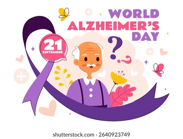 World Alzheimer's Day Vector Illustration featuring an Elderly and a Brain Jigsaw Puzzle Symbolizing Memories on a Purple Ribbon in a Flat Background