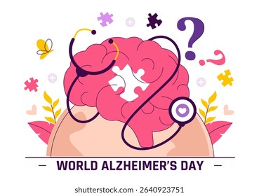 World Alzheimer's Day Vector Illustration featuring an Elderly and a Brain Jigsaw Puzzle Symbolizing Memories on a Purple Ribbon in a Flat Background