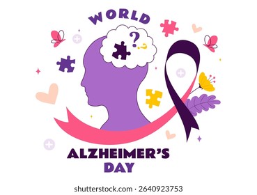 World Alzheimer's Day Vector Illustration featuring an Elderly and a Brain Jigsaw Puzzle Symbolizing Memories on a Purple Ribbon in a Flat Background
