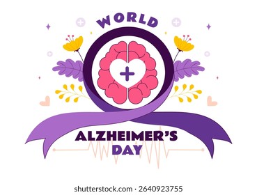 World Alzheimer's Day Vector Illustration featuring an Elderly and a Brain Jigsaw Puzzle Symbolizing Memories on a Purple Ribbon in a Flat Background