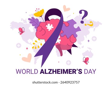 World Alzheimer's Day Vector Illustration featuring an Elderly and a Brain Jigsaw Puzzle Symbolizing Memories on a Purple Ribbon in a Flat Background