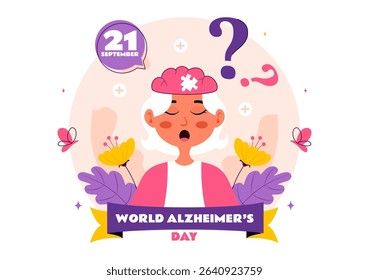 World Alzheimer's Day Vector Illustration featuring an Elderly and a Brain Jigsaw Puzzle Symbolizing Memories on a Purple Ribbon in a Flat Background