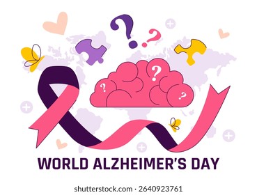 World Alzheimer's Day Vector Illustration featuring an Elderly and a Brain Jigsaw Puzzle Symbolizing Memories on a Purple Ribbon in a Flat Background
