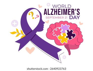 World Alzheimer's Day Vector Illustration featuring an Elderly and a Brain Jigsaw Puzzle Symbolizing Memories on a Purple Ribbon in a Flat Background