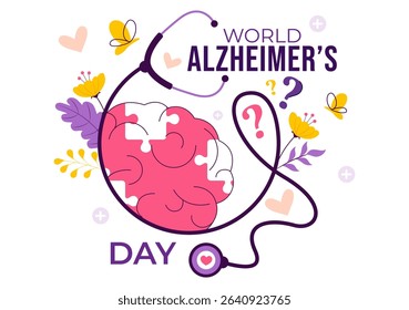 World Alzheimer's Day Vector Illustration featuring an Elderly and a Brain Jigsaw Puzzle Symbolizing Memories on a Purple Ribbon in a Flat Background