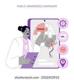 World Alzheimer's Month concept. A doctor interacts with a brain error on a phone to symbolize cognitive issues. Awareness campaign imagery. Vector illustration.