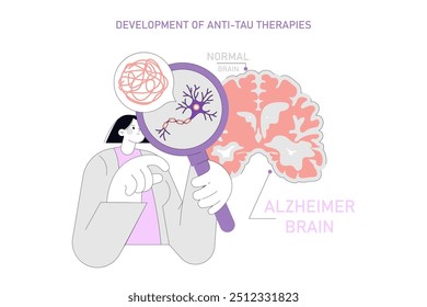 Conceito mundial do mês do Alzheimer. Exploração do cérebro normal versus Alzheimer e desenvolvimento de terapia anti-tau. Ilustração vetorial.